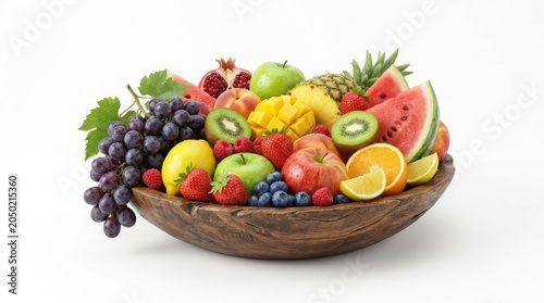 Fresh organic fruit assortment in rustic wooden bowl, colorful tropical fruits and berries, healthy vegan food platter for wellness and nutrition isolated on White Background