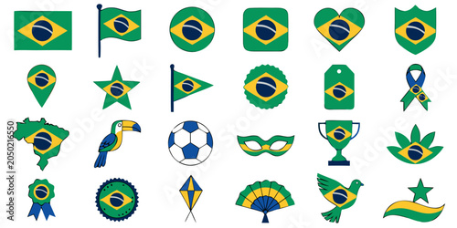 Bild auf Leinwand Brazilian national symbols collection with flag elements and cultural icons on w