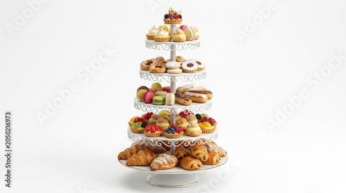 Elegant tiered dessert stand with assorted French pastries, gourmet bakery sweets on white metal display, luxury afternoon tea catering selection isolated on White Background