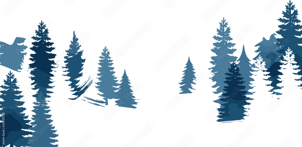 Obraz premium Abstract pine tree forest illustration with layered blue watercolor textures, minimalist evergreen woodland landscape isolated on white background