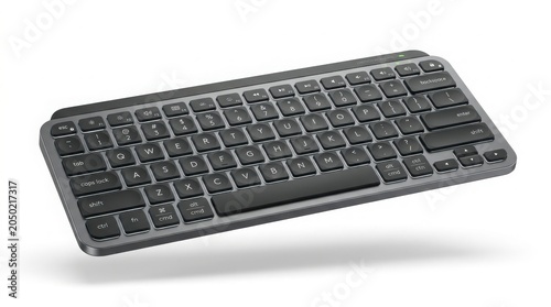 Modern wireless keyboard in space gray, slim low profile computer keyboard for office work, sleek portable bluetooth keyboard hardware isolated on White Background