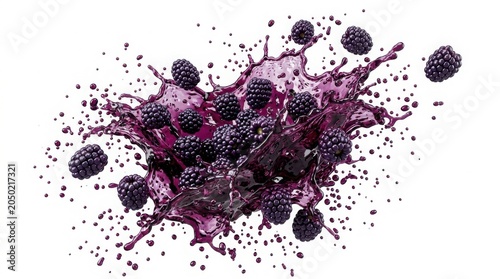 Dynamic blackberry juice splash with ripe berries, fresh purple fruit liquid explosion, organic berry smoothie burst for beverage advertising isolated on White Background