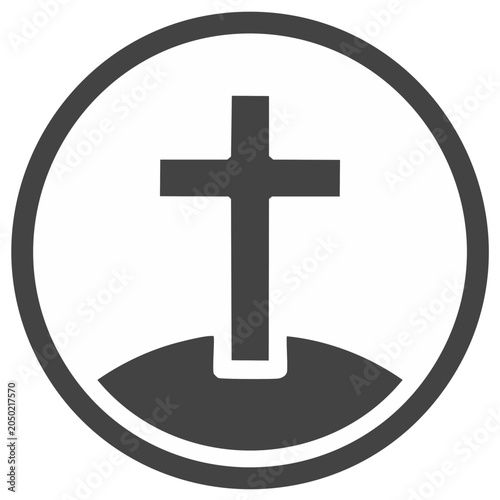 Dark Gray Christian Cross Symbol on a Hill Inside a Round Circle Icon