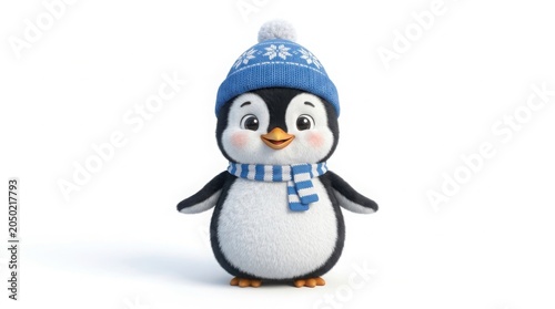 Adorable baby penguin character wearing blue winter hat and scarf, cute 3D render of a fluffy penguin chick, winter holiday mascot illustration isolated on White Background