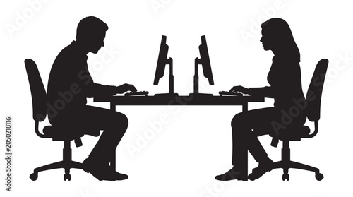 Foto Two People Working At Desks With Computers Black Silhouette