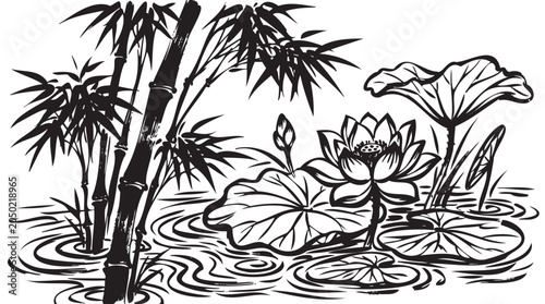 Canvastavla Black and white, serene pond scene, lotus flowers, bamboo, lily pads, vector ill
