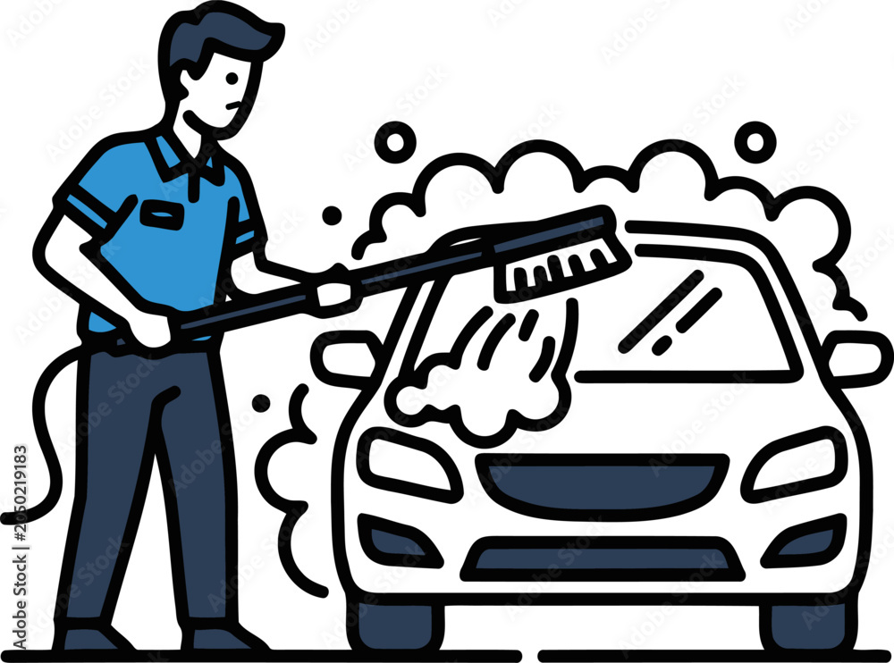 Obraz premium A man washing a car with brush and soup vector art