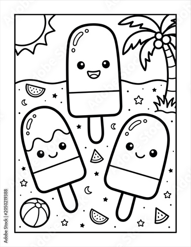 Kawaii ice cream popsicles on beach background with sun and palm trees coloring design.