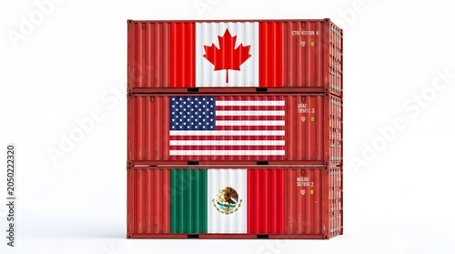 North american trade concept stacked shipping containers displaying canadian american and mexican flags