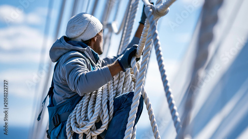 Anonymous sailor climbing the mast of a tall sailing ship to set additional sails during an ocean voyage, seamanship and sailing tradition concept, faceless, defocused sky