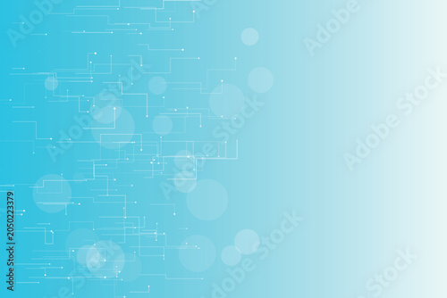 Abstract white circuit lines and dots on a gradient blue background, technology network connection
