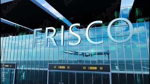 Airlane landing at Frisco, USA. Arrival in the city with reflection of airport and aircraft
