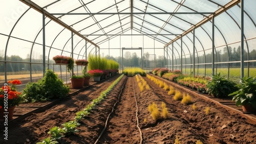A minimalist steel-frame industrial greenhouse in farmland, filled with colorful flowers and vegetables inside, surrounded by tilled soil. Generative AI