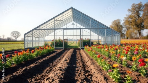 A greenhouse with gable roof and transparent glass walls stands in farmland, full of bright flowers and vegetables, surrounded by plowed soil rows. Generative AI