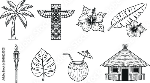 Fotografía Tropical elements collection featuring palm trees tiki statues hibiscus and a be