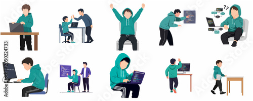 Set of vector illustrations featuring a young boy programmer coding on a laptop and desktop, learning software development with a mentor, and celebrating success in flat minimalist style.