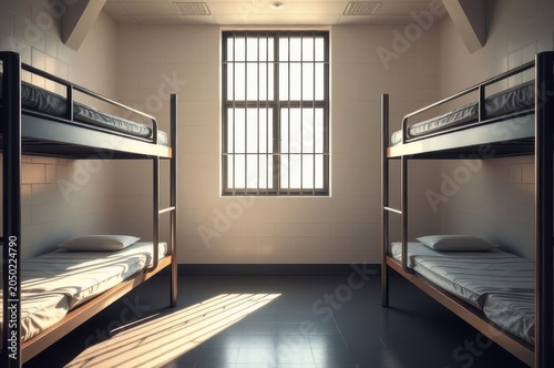 Clean prison cell with modern bunk beds and barred window with sunlight Generative AI