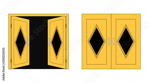 Fotografie Set of yellow double doors with diamond shaped glass panes entrance architecture