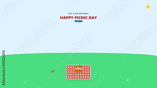 Minimalist landscape illustration of a green meadow and picnic basket on a red checkered blanket under a clear blue sky