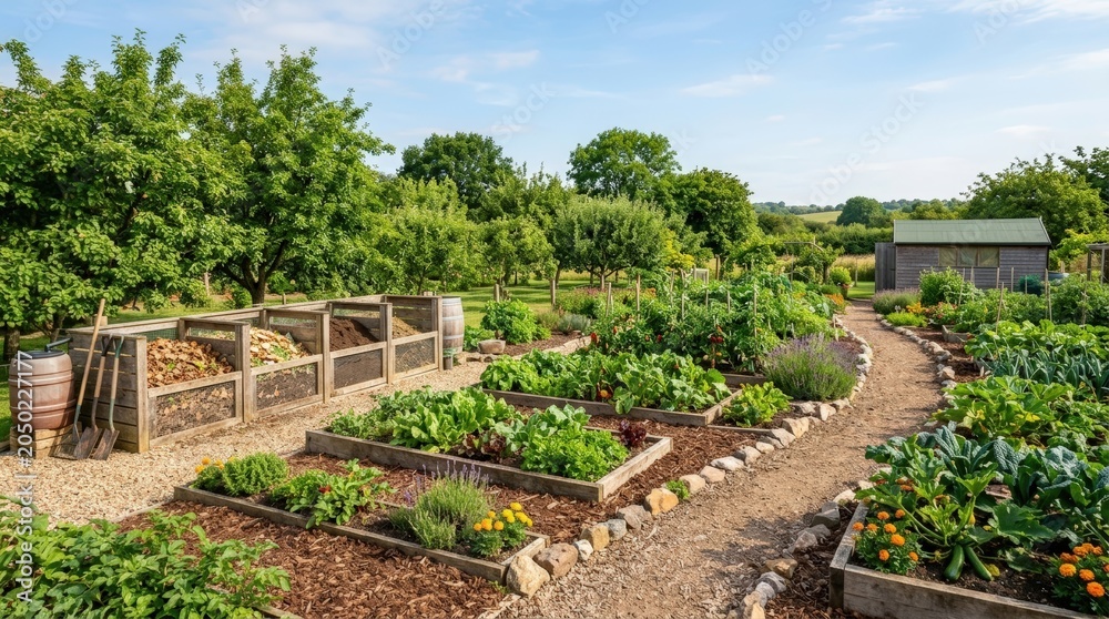 Fototapeta premium Community vegetable garden with raised beds and compost bins on a sunny day