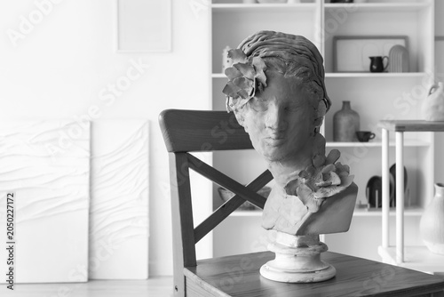 Clay bust on chair in sculp...