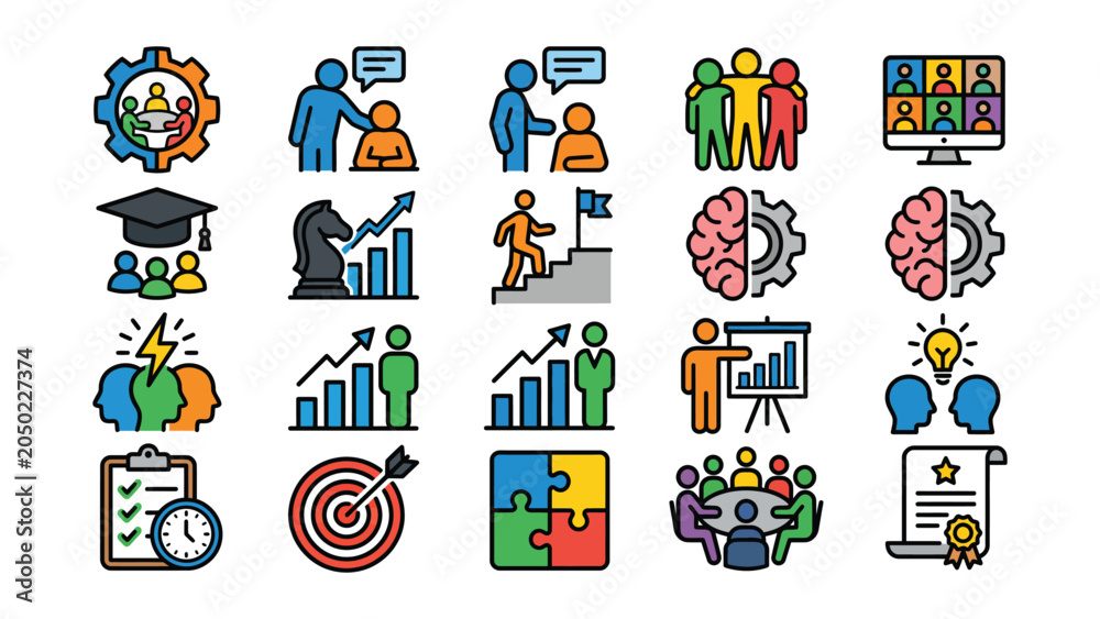 Fototapeta premium Colorful business and education icons set including people teamwork learning and strategy symbols various colorful business and education icons