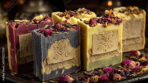 Artisanal Floral Soap Bars Arranged on Dark Platter with Dried Rose Petal Garnish