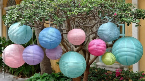 Colorful Paper Lanterns Hanging From Garden Tree Outside Yellow Building