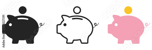 Tableau sur toile Piggy Bank Icon Set Featuring Saving Money Symbols in Different Styles, Baby Pig