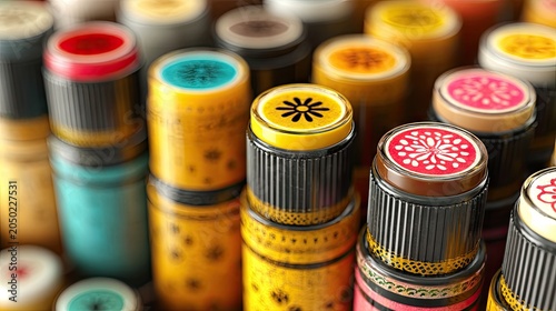 Colorful Paint Bottle Caps Arranged in Close Up on Workbench