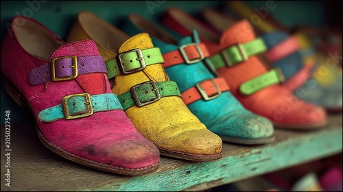 Colorful Vintage Leather Shoes Lined Up on Wooden Shelf in Shop