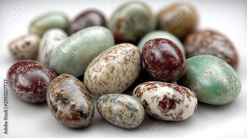 Speckled Candy Egg Cluster Arranged on White Surface
