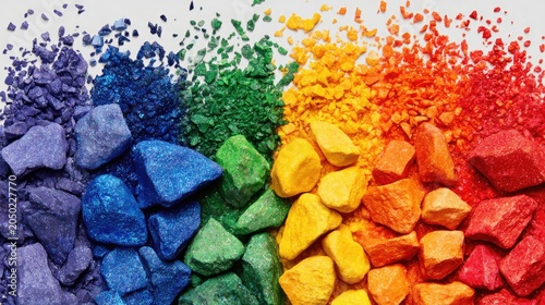 Colorful Crushed Pigment Stones Arranged in Rainbow Gradient on White Surface