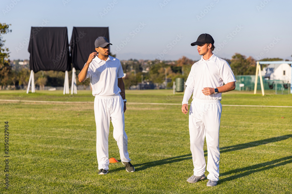 Obraz premium Diverse male cricketers in white kit standing on suburban field near orange cone and sight screens