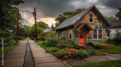 Colorful Cottage with Painted Facade and Flower Garden on Residential Street