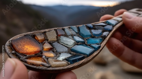 Closeup Colorful Glass Mosaic Inlaid Wooden Spoon Held Outdoors