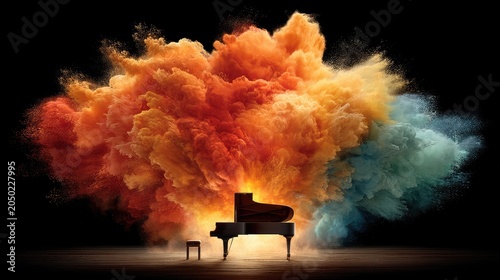 Black Grand Piano Illuminated by Colorful Powder Cloud on Dark Stage
