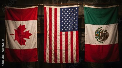 North american flags displayed together canada united states and mexico international relations concept