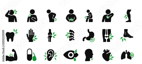 Human body pain icons with green leaf accents representing wellness and relief