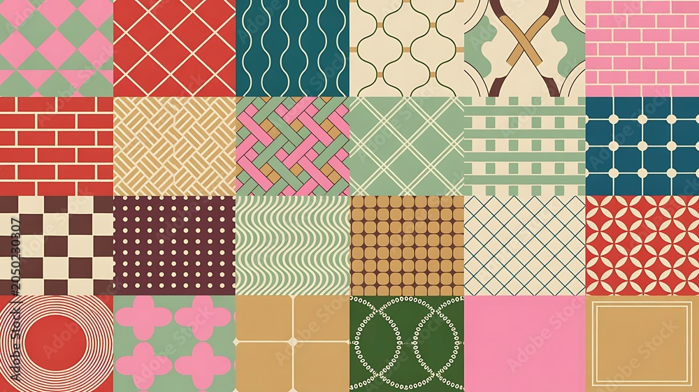 Fototapeta premium Set of colorful geometric patterns in a grid layout for modern design and textile projects