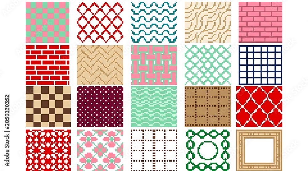 Obraz premium Set of colorful pixel art geometric seamless patterns for digital design and artistic craft projects