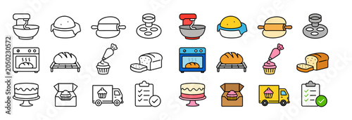 Quadro su tela Bakery process icons set featuring bread making tools and finished pastries in outline and color