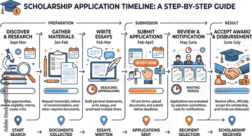 Scholarship application timeline infographic vector chart illustrating college funding preparation steps, essay writing, and financial aid submission for university admissions marketing.