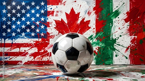 Soccer ball with painted north american flags usa canada and mexico background