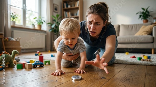 Ultra realistic photo of a modern family home interior focusing on button battery awareness and child safety