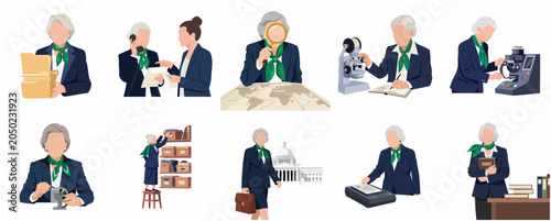 Schilderij op canvas Flat illustration set of a senior professional woman archivist and researcher performing various tasks in a government office or national archive