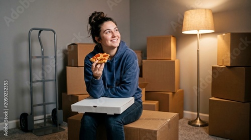 First Night Move-In Day Cart scenario showing a girl eating pizza among packed boxes. Created for dormitory relocation articles and independent youth housing guides.