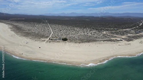 Drone view of Punta Arena coastline and desert landscape in Baja California Sur.