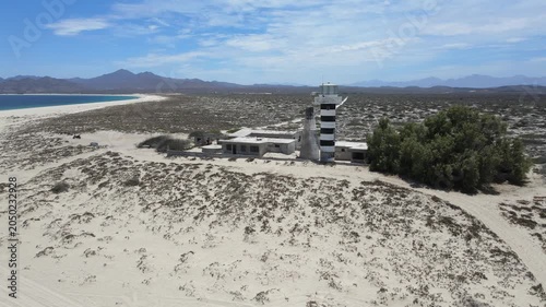 Aerial view of lighthouse and coastal landscape at Punta Arena Baja California Sur.