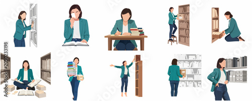 Fotografie Female Librarian and Archivist Character Set - Woman Organizing Books and Studyi